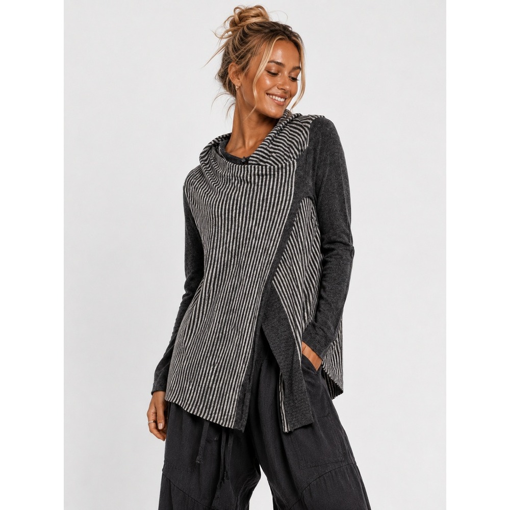 Mojito Italy Merino Wool Cashmere Striped Asymmetric Drape Neck Cardigan Grey